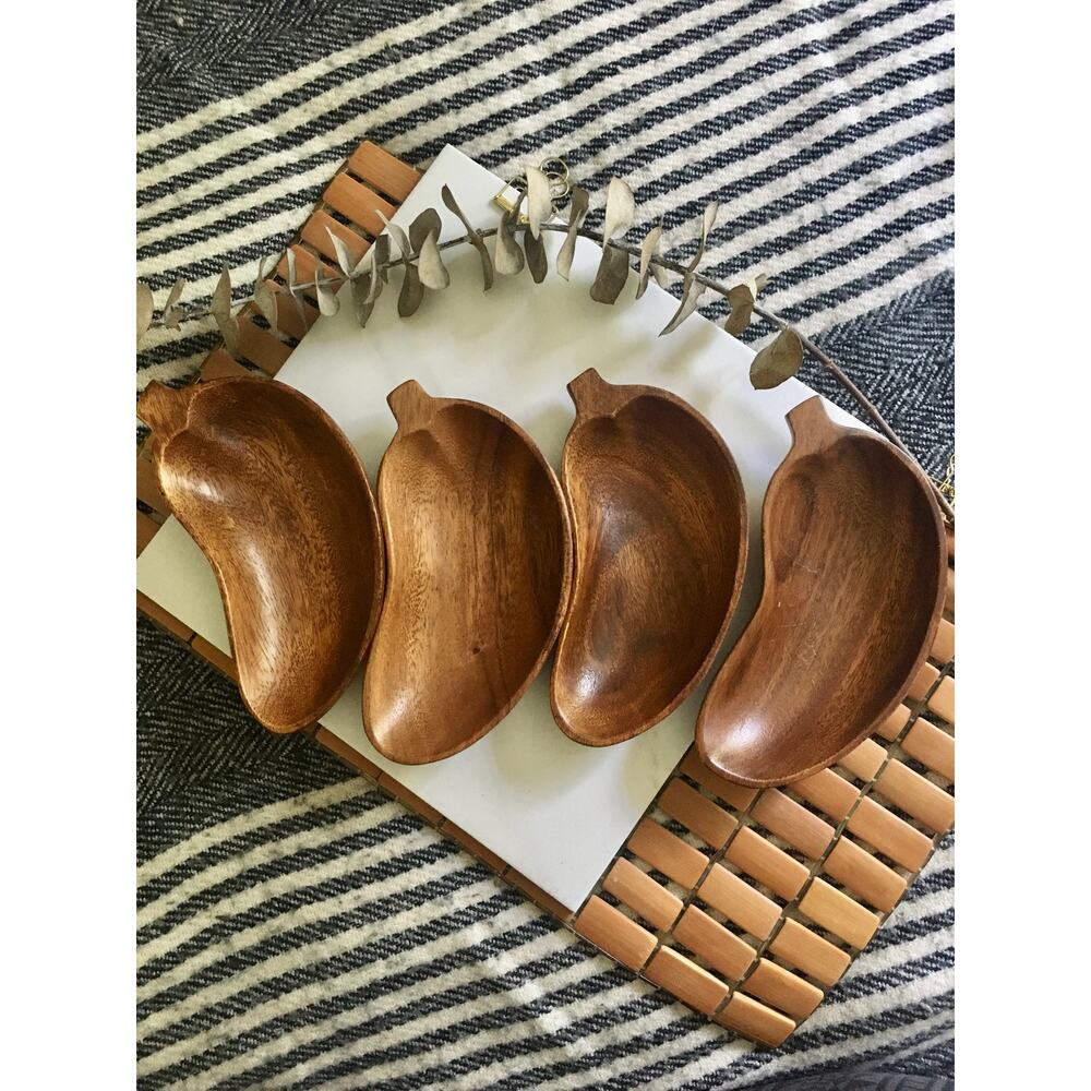 Vintage mid century teak bowls pepper shaped wood set of four
